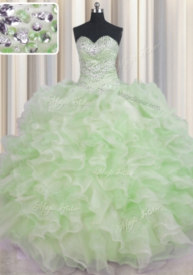 Beauteous Green Ball Gowns Organza Sweetheart Sleeveless Beading and Ruffles Floor Length Lace Up Quince Ball Gowns