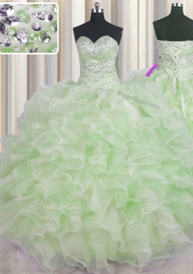 Beauteous Green Ball Gowns Organza Sweetheart Sleeveless Beading and Ruffles Floor Length Lace Up Quince Ball Gowns