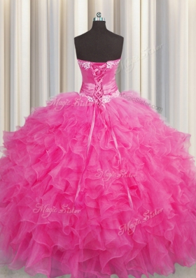 Cheap Handcrafted Flower Hot Pink Sweetheart Neckline Beading and Ruffles Ball Gown Prom Dress Sleeveless Lace Up