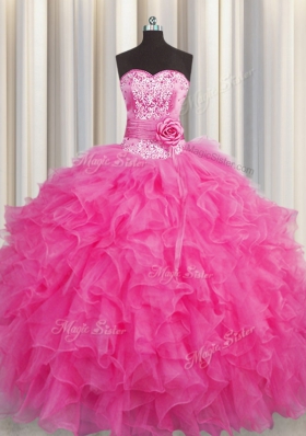 Cheap Handcrafted Flower Hot Pink Sweetheart Neckline Beading and Ruffles Ball Gown Prom Dress Sleeveless Lace Up