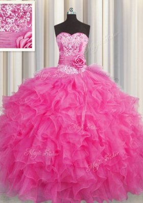 Cheap Handcrafted Flower Hot Pink Sweetheart Neckline Beading and Ruffles Ball Gown Prom Dress Sleeveless Lace Up