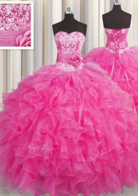 Cheap Handcrafted Flower Hot Pink Sweetheart Neckline Beading and Ruffles Ball Gown Prom Dress Sleeveless Lace Up