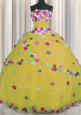 Colorful Gold Tulle Lace Up Quinceanera Dress Sleeveless Floor Length Hand Made Flower