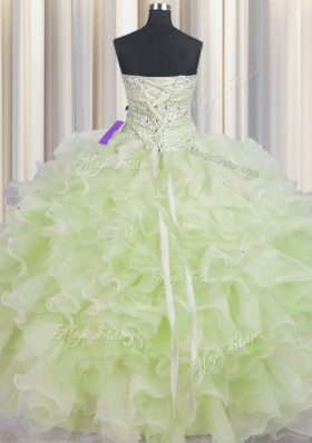 Deluxe Yellow Green Ball Gowns Beading and Ruffles Quince Ball Gowns Lace Up Organza Sleeveless Floor Length