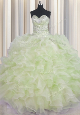 Deluxe Yellow Green Ball Gowns Beading and Ruffles Quince Ball Gowns Lace Up Organza Sleeveless Floor Length