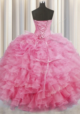 Discount Rose Pink Sleeveless Organza Lace Up Sweet 16 Quinceanera Dress for Military Ball and Sweet 16 and Quinceanera
