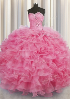 Discount Rose Pink Sleeveless Organza Lace Up Sweet 16 Quinceanera Dress for Military Ball and Sweet 16 and Quinceanera