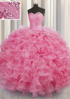 Discount Rose Pink Sleeveless Organza Lace Up Sweet 16 Quinceanera Dress for Military Ball and Sweet 16 and Quinceanera