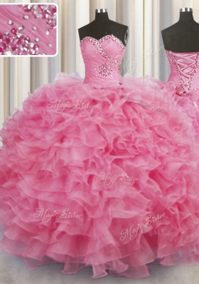 Discount Rose Pink Sleeveless Organza Lace Up Sweet 16 Quinceanera Dress for Military Ball and Sweet 16 and Quinceanera