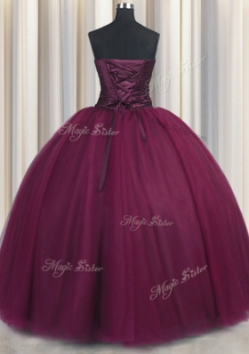 Exceptional Sweetheart Sleeveless 15th Birthday Dress Floor Length Beading and Appliques Burgundy Tulle