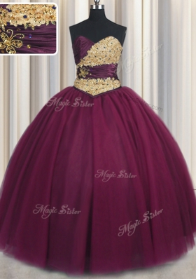 Exceptional Sweetheart Sleeveless 15th Birthday Dress Floor Length Beading and Appliques Burgundy Tulle