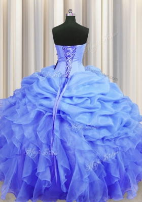 Exquisite Blue Sleeveless Floor Length Beading and Ruffles and Pick Ups Lace Up 15 Quinceanera Dress
