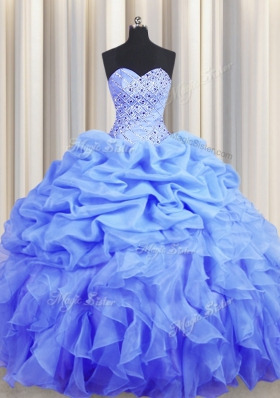 Exquisite Blue Sleeveless Floor Length Beading and Ruffles and Pick Ups Lace Up 15 Quinceanera Dress