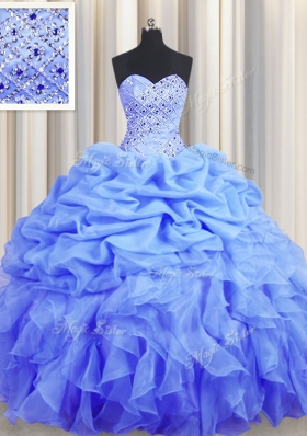 Exquisite Blue Sleeveless Floor Length Beading and Ruffles and Pick Ups Lace Up 15 Quinceanera Dress