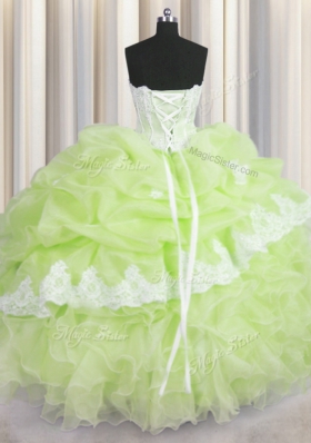 Fantastic Floor Length Yellow Green Quince Ball Gowns Organza Sleeveless Beading and Appliques and Ruffles and Pick Ups