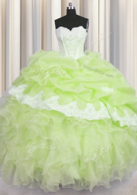 Fantastic Floor Length Yellow Green Quince Ball Gowns Organza Sleeveless Beading and Appliques and Ruffles and Pick Ups