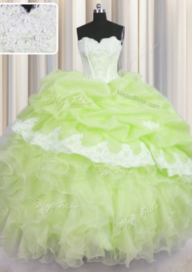 Fantastic Floor Length Yellow Green Quince Ball Gowns Organza Sleeveless Beading and Appliques and Ruffles and Pick Ups