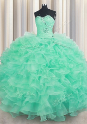 Fantastic Turquoise Sleeveless Floor Length Beading and Ruffles Lace Up Sweet 16 Dresses