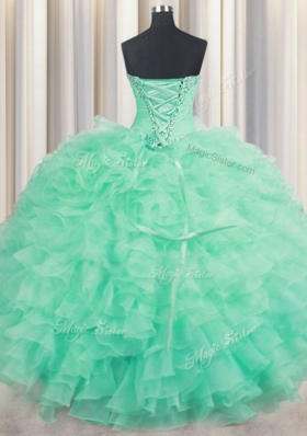 Fantastic Turquoise Sleeveless Floor Length Beading and Ruffles Lace Up Sweet 16 Dresses