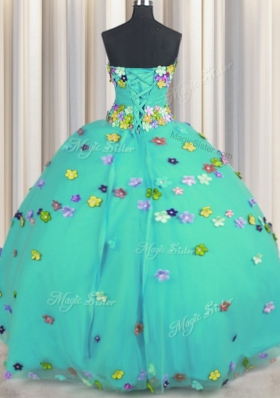 Floor Length Aqua Blue Quinceanera Gown Tulle Sleeveless Hand Made Flower