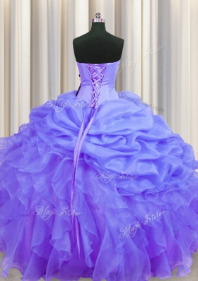 Floor Length Lace Up Sweet 16 Dress Lavender and In for Military Ball and Sweet 16 and Quinceanera with Beading and Ruffles and Pick Ups