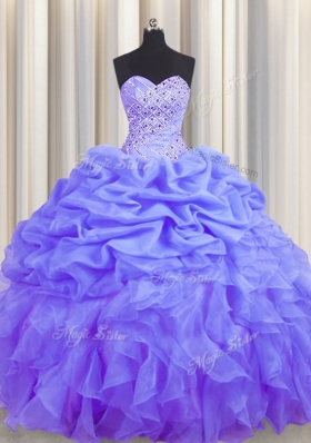 Floor Length Lace Up Sweet 16 Dress Lavender and In for Military Ball and Sweet 16 and Quinceanera with Beading and Ruffles and Pick Ups