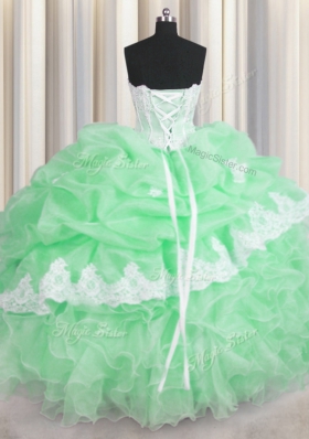 Glittering Green Sweet 16 Dresses Military Ball and Sweet 16 and Quinceanera and For with Beading and Appliques and Ruffles and Pick Ups Sweetheart Sleeveless Lace Up