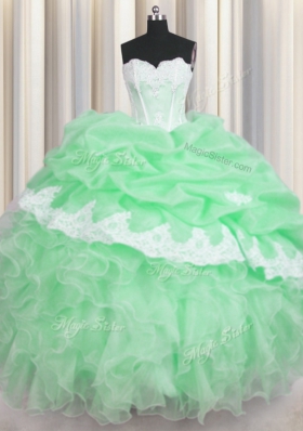 Glittering Green Sweet 16 Dresses Military Ball and Sweet 16 and Quinceanera and For with Beading and Appliques and Ruffles and Pick Ups Sweetheart Sleeveless Lace Up