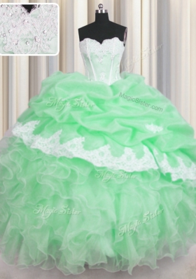 Glittering Green Sweet 16 Dresses Military Ball and Sweet 16 and Quinceanera and For with Beading and Appliques and Ruffles and Pick Ups Sweetheart Sleeveless Lace Up