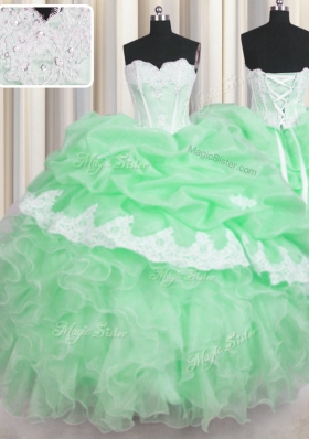 Glittering Green Sweet 16 Dresses Military Ball and Sweet 16 and Quinceanera and For with Beading and Appliques and Ruffles and Pick Ups Sweetheart Sleeveless Lace Up
