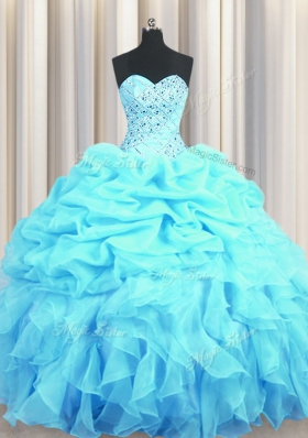 Gorgeous Sleeveless Floor Length Beading and Ruffles and Pick Ups Lace Up Quinceanera Gown with Aqua Blue