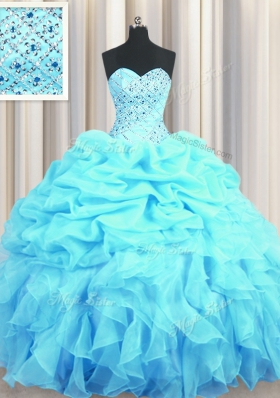 Gorgeous Sleeveless Floor Length Beading and Ruffles and Pick Ups Lace Up Quinceanera Gown with Aqua Blue