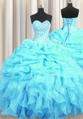 Gorgeous Sleeveless Floor Length Beading and Ruffles and Pick Ups Lace Up Quinceanera Gown with Aqua Blue