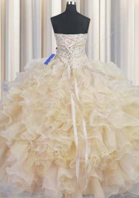 Great Sleeveless Floor Length Beading and Ruffles Lace Up Sweet 16 Quinceanera Dress with Champagne