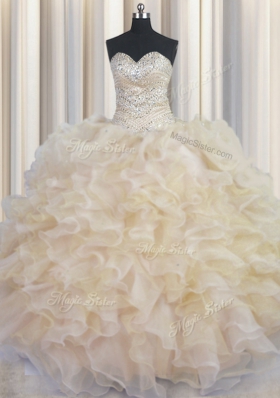 Great Sleeveless Floor Length Beading and Ruffles Lace Up Sweet 16 Quinceanera Dress with Champagne