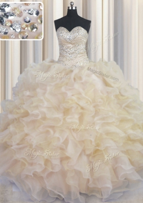 Great Sleeveless Floor Length Beading and Ruffles Lace Up Sweet 16 Quinceanera Dress with Champagne