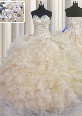 Great Sleeveless Floor Length Beading and Ruffles Lace Up Sweet 16 Quinceanera Dress with Champagne