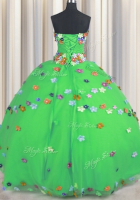Green Ball Gowns Tulle Strapless Sleeveless Hand Made Flower Floor Length Lace Up Quinceanera Gown