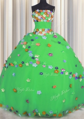 Green Ball Gowns Tulle Strapless Sleeveless Hand Made Flower Floor Length Lace Up Quinceanera Gown