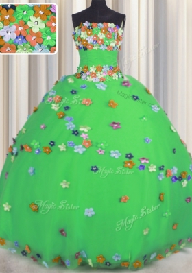 Green Ball Gowns Tulle Strapless Sleeveless Hand Made Flower Floor Length Lace Up Quinceanera Gown