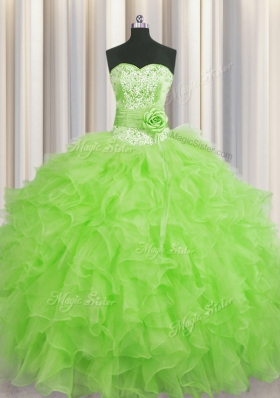 Handcrafted Flower Ball Gowns Sweet 16 Dress Sweetheart Organza Sleeveless Floor Length Lace Up