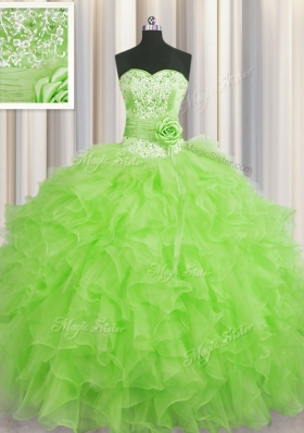 Handcrafted Flower Ball Gowns Sweet 16 Dress Sweetheart Organza Sleeveless Floor Length Lace Up