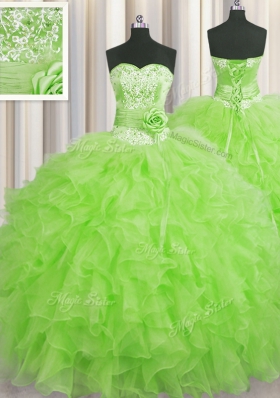 Handcrafted Flower Ball Gowns Sweet 16 Dress Sweetheart Organza Sleeveless Floor Length Lace Up