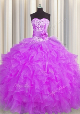 Handcrafted Flower Floor Length Purple 15 Quinceanera Dress Sweetheart Sleeveless Lace Up