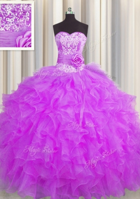 Handcrafted Flower Floor Length Purple 15 Quinceanera Dress Sweetheart Sleeveless Lace Up