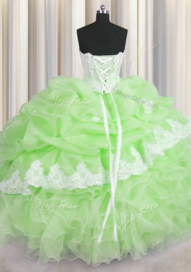 Hot Selling Green Sweetheart Lace Up Beading and Ruffles and Pick Ups 15 Quinceanera Dress Sleeveless