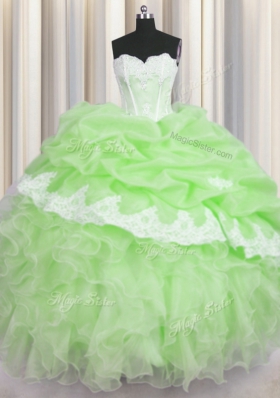 Hot Selling Green Sweetheart Lace Up Beading and Ruffles and Pick Ups 15 Quinceanera Dress Sleeveless