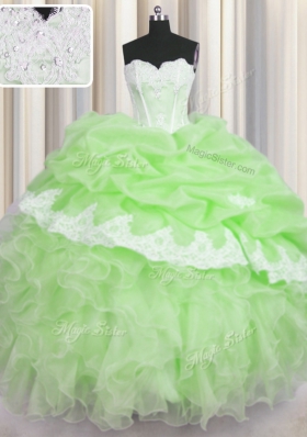 Hot Selling Green Sweetheart Lace Up Beading and Ruffles and Pick Ups 15 Quinceanera Dress Sleeveless