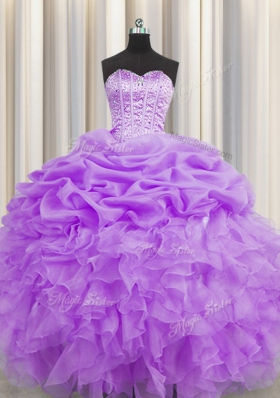 Ideal Pick Ups Visible Boning Ball Gowns Sweet 16 Quinceanera Dress Lilac Sweetheart Organza Sleeveless Floor Length Lace Up