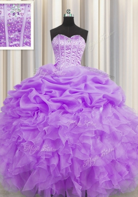 Ideal Pick Ups Visible Boning Ball Gowns Sweet 16 Quinceanera Dress Lilac Sweetheart Organza Sleeveless Floor Length Lace Up